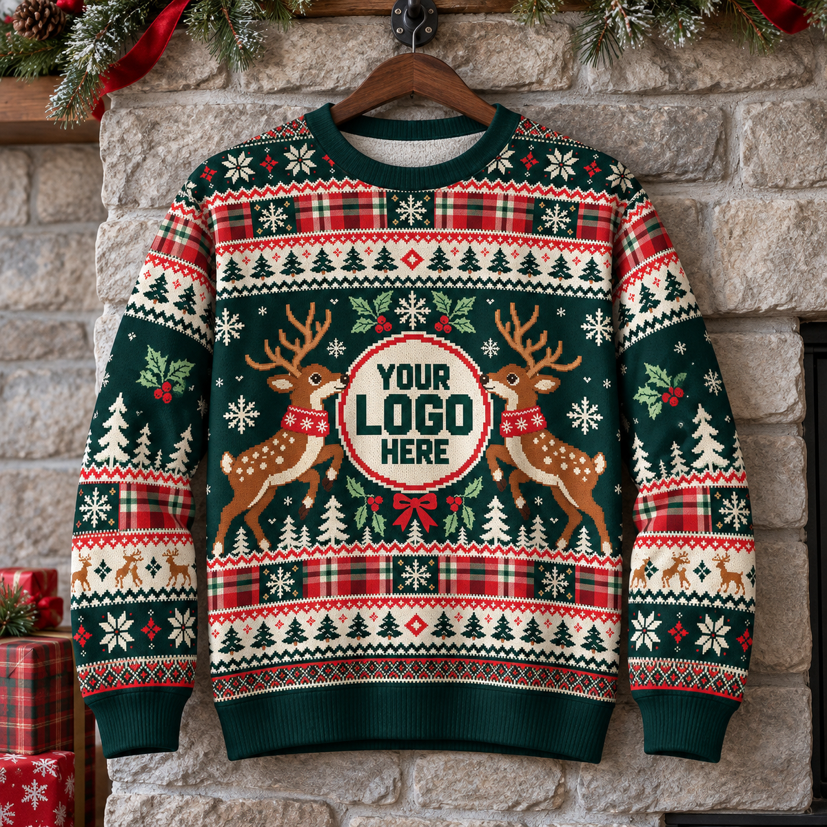 Custom Logo Ugly Sweater Green Reindeer Holly Berry Plaid Patterned Xmas Pullover