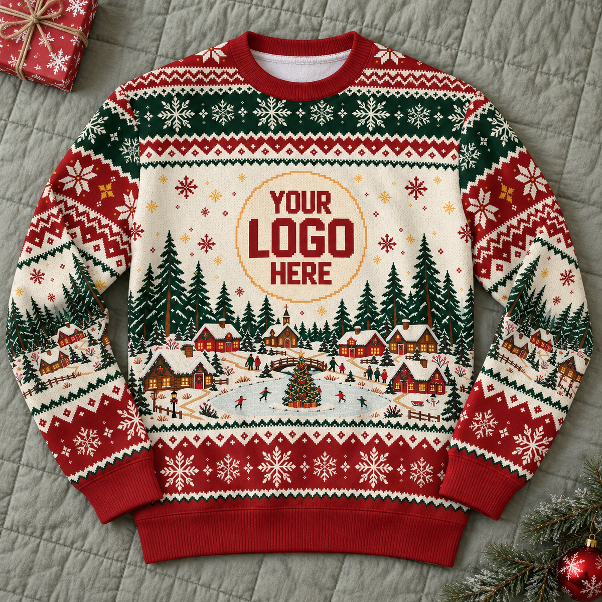 Custom Logo Ugly Christmas Sweater Snowy Village Ice Skating Patterned Holiday Jumper