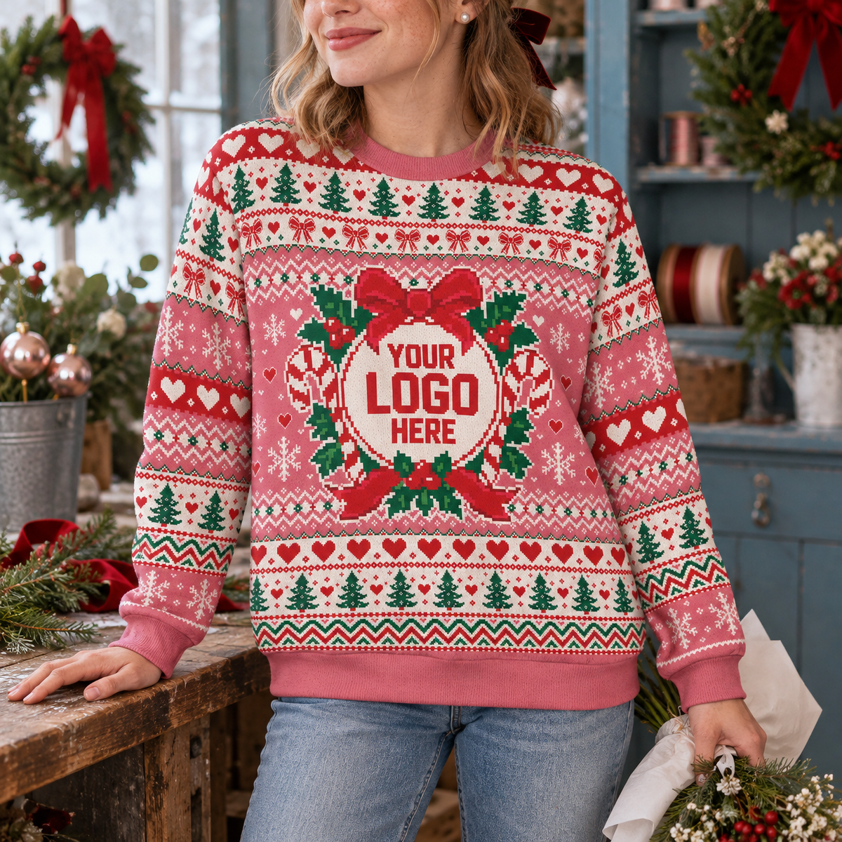 Custom Logo Ugly Christmas Sweater Pink Wreath Red Bow Heart Patterned Holiday Jumper