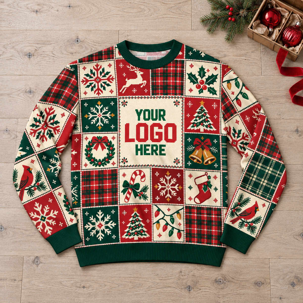 Custom Logo Ugly Christmas Sweater Patchwork Reindeer Plaid Grid Patterned Holiday Jumper