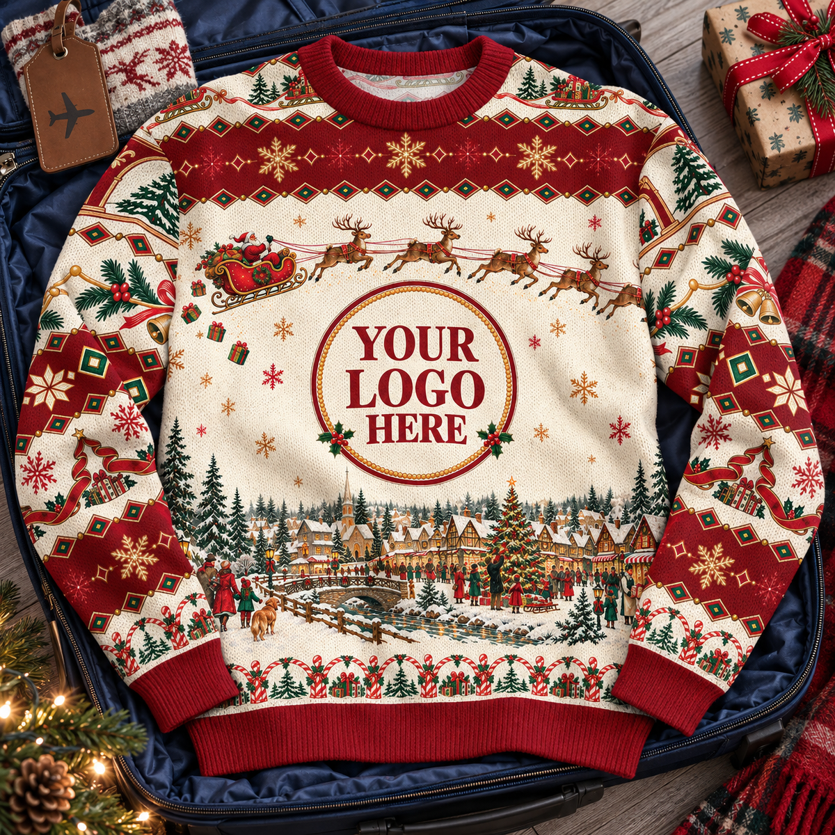 Custom Logo Ugly Christmas Sweater Vintage Santa Sleigh Reindeer Town Holiday Jumper