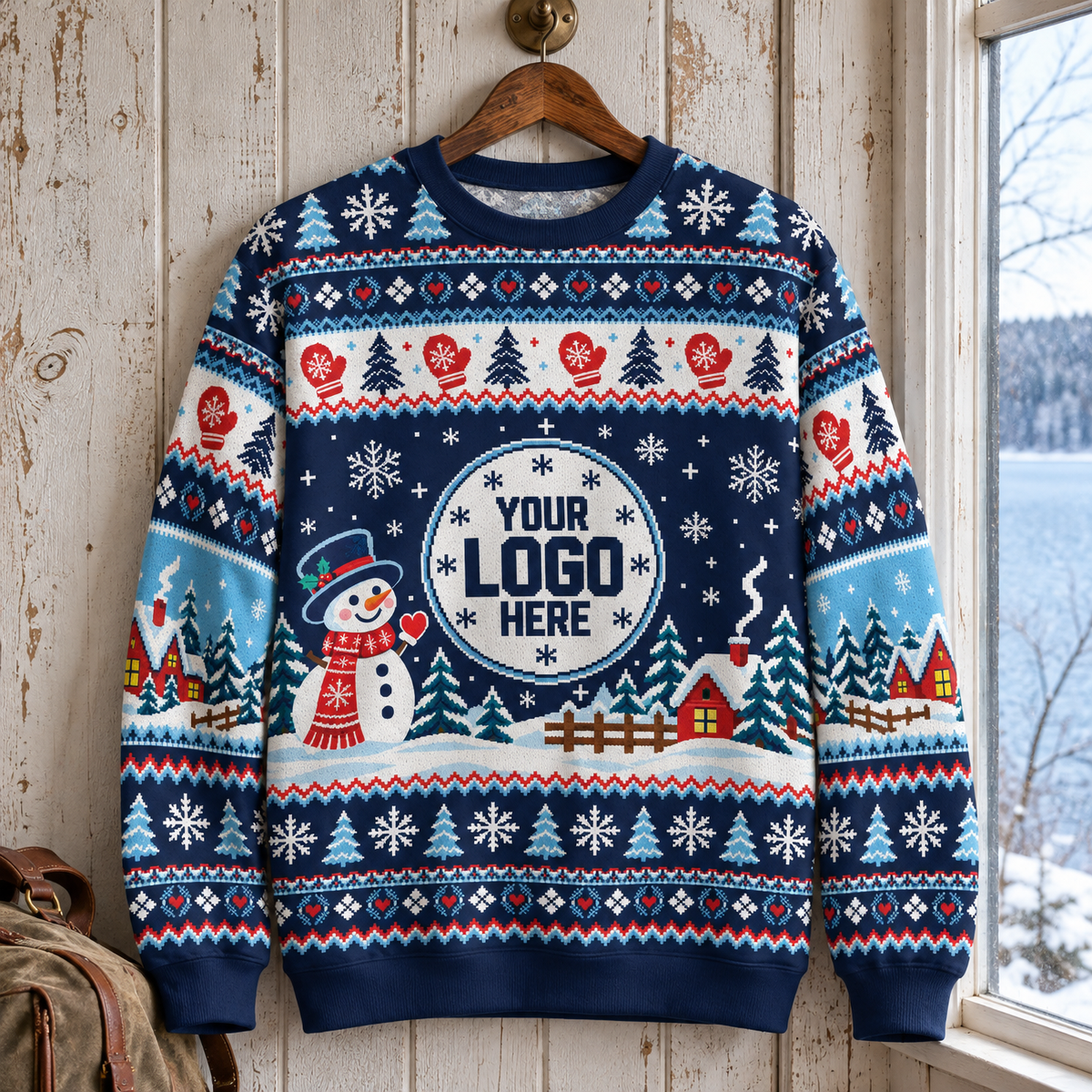 Custom Logo Ugly Sweater Snowman Winter Village Patterned Xmas Party Pullover