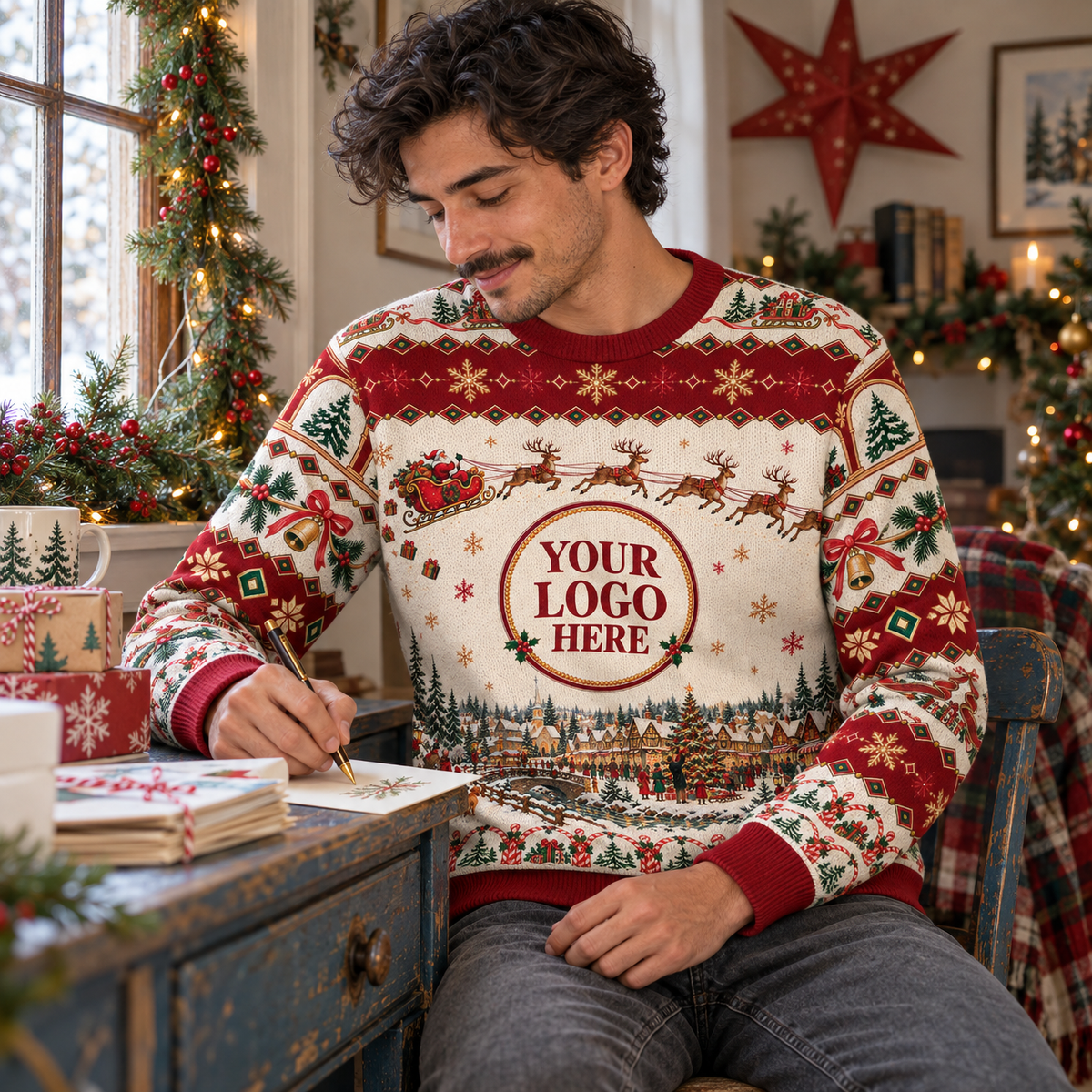 Custom Logo Ugly Christmas Sweater Vintage Santa Sleigh Reindeer Town Holiday Jumper