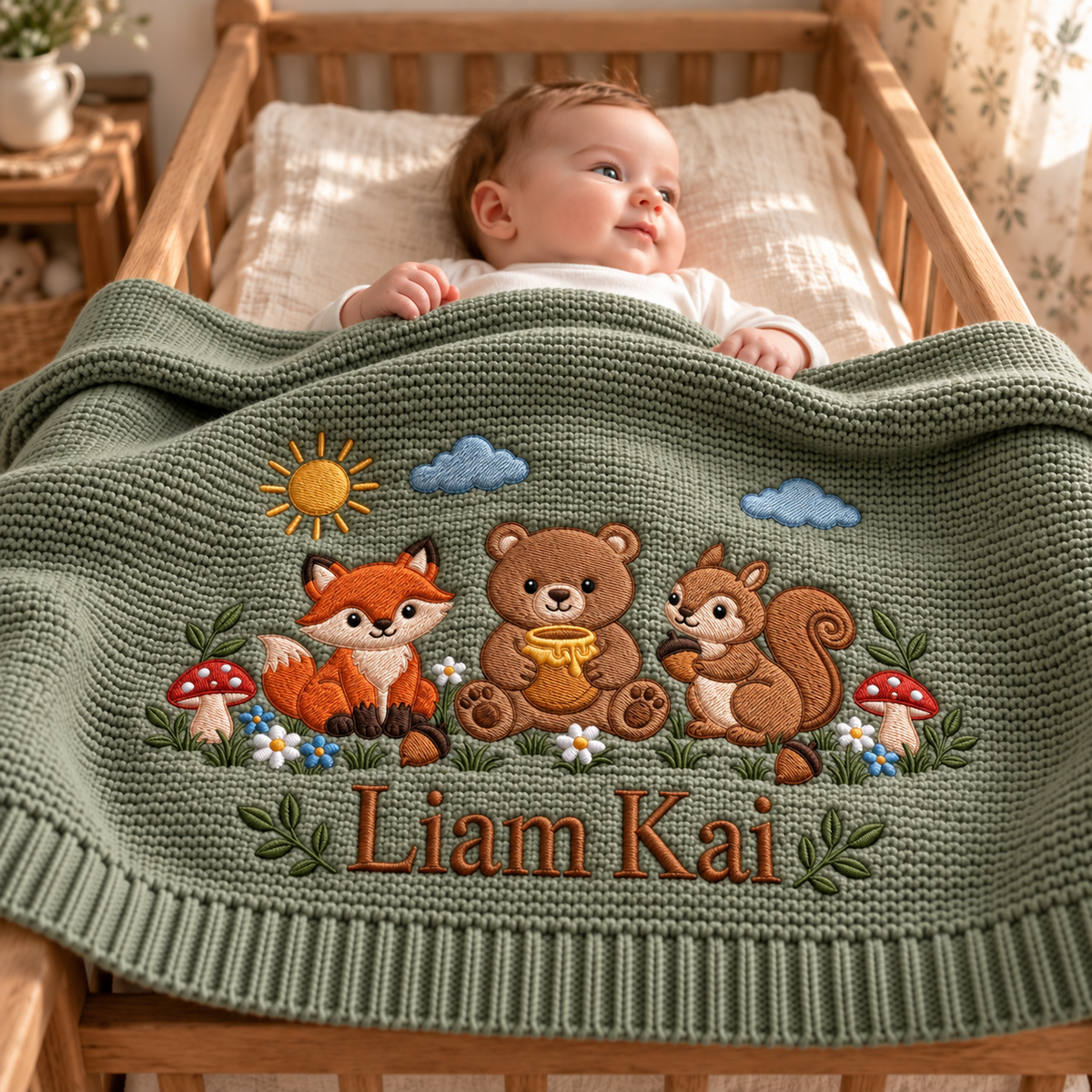 Custom Name Baby Knitted Blanket Woodland Animals Fox Bear Squirrel Swaddle Sheet Throw