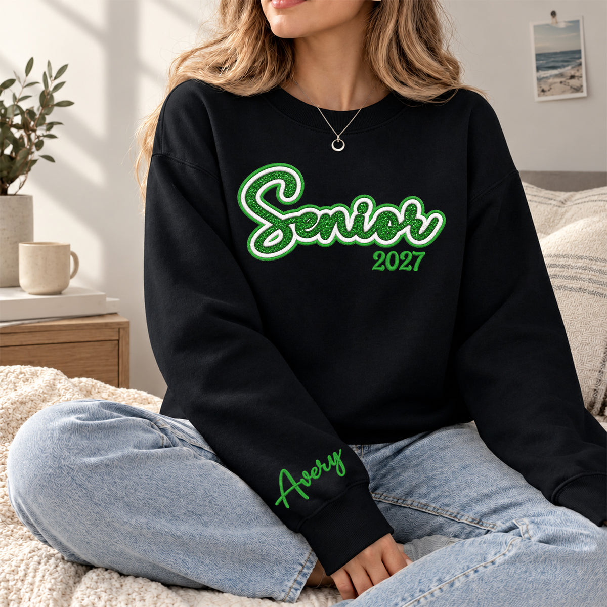 Senior Sweatshirt Custom Name Sleeve Embroidered Glitter Class of Any Year Gift