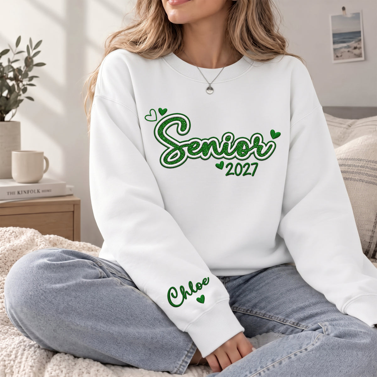 Senior Sweatshirt Custom Name Sleeve Heart Glitter Embroidery Grad Gift Crewneck