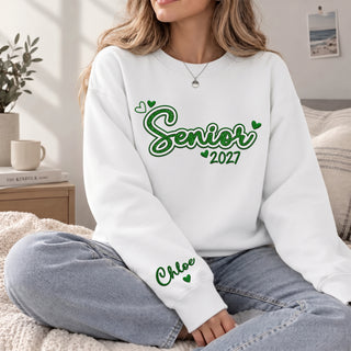 Senior Sweatshirt Custom Name Sleeve Heart Glitter Embroidery Grad Gift Crewneck