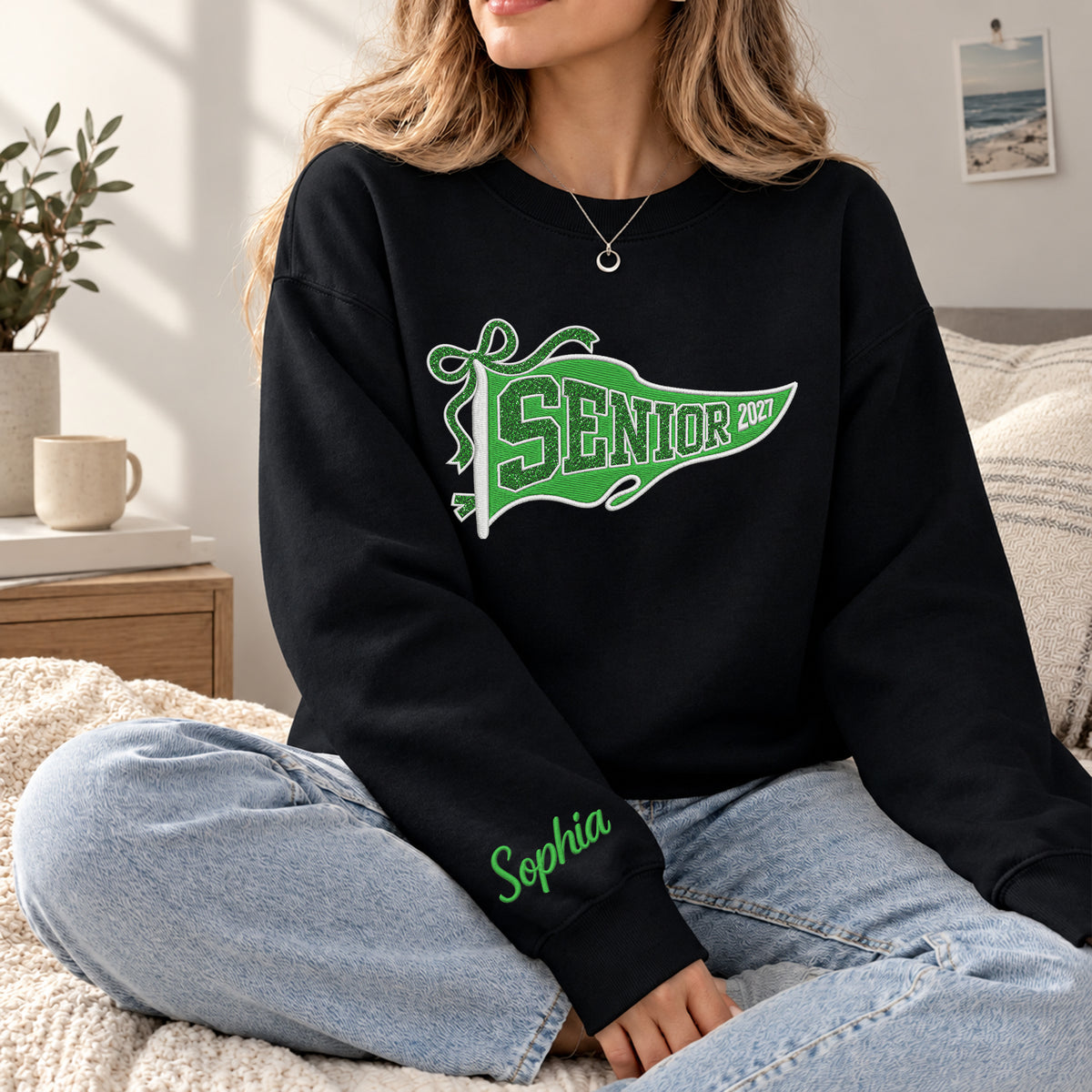 Senior Sweatshirt Pennant Flag Ribbon Glitter Embroidery Custom Name Sleeve Gift