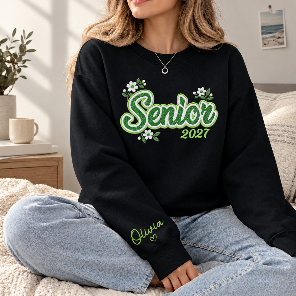 Senior Sweatshirt Floral Daisy Glitter Embroidery Custom Name Sleeve Grad Gift