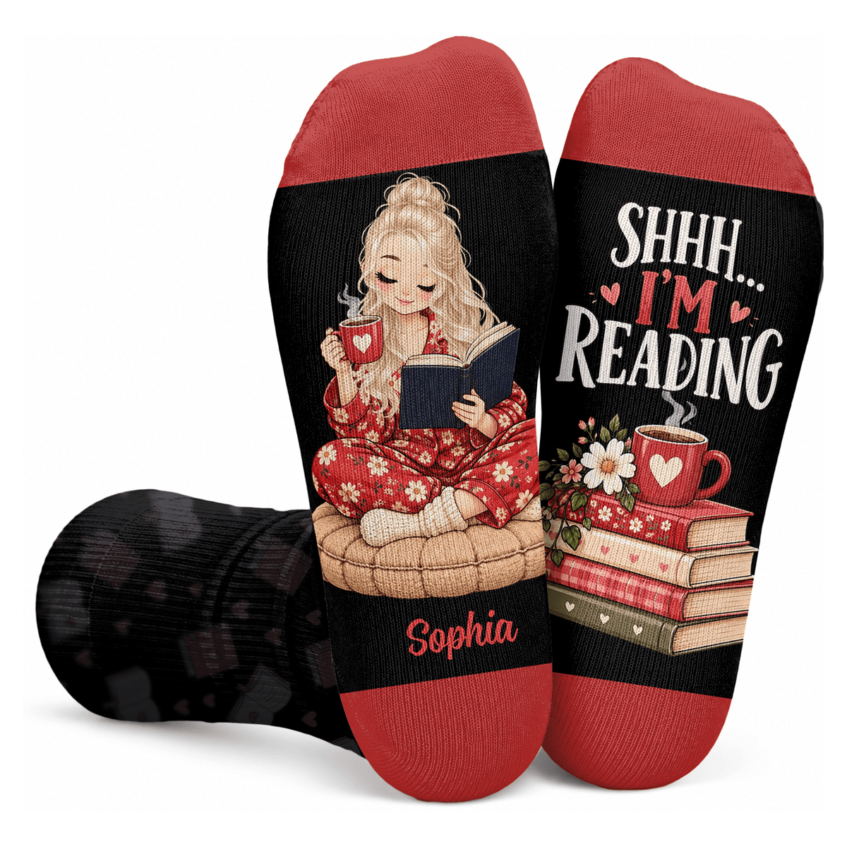 Custom Book Socks with Black Reader Art, Socks for Women and Men with Comfort, Christmas Gifts and Book Lovers Gifts for Reading Time, Pallyprints Co.
