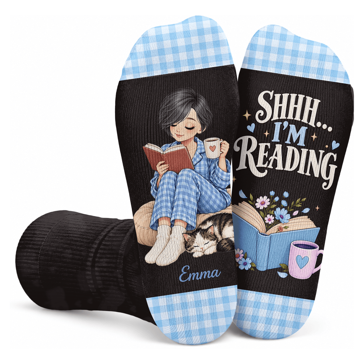 Short Hair Reader Custom Book Socks, Socks for Women and Men with Comfort, Book Lovers Gifts and Christmas Gifts for Quiet Reading, Pallyprints Co.