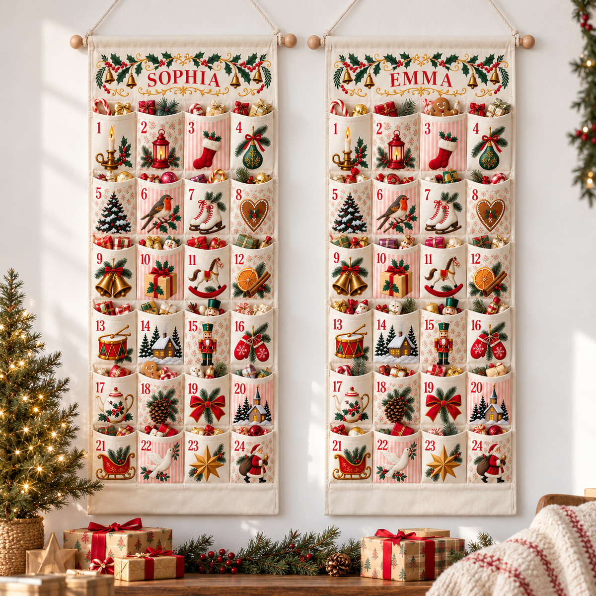 Custom Name Embroid Christmas Advent Calendar Classic Holiday Wall Hanging Pocket