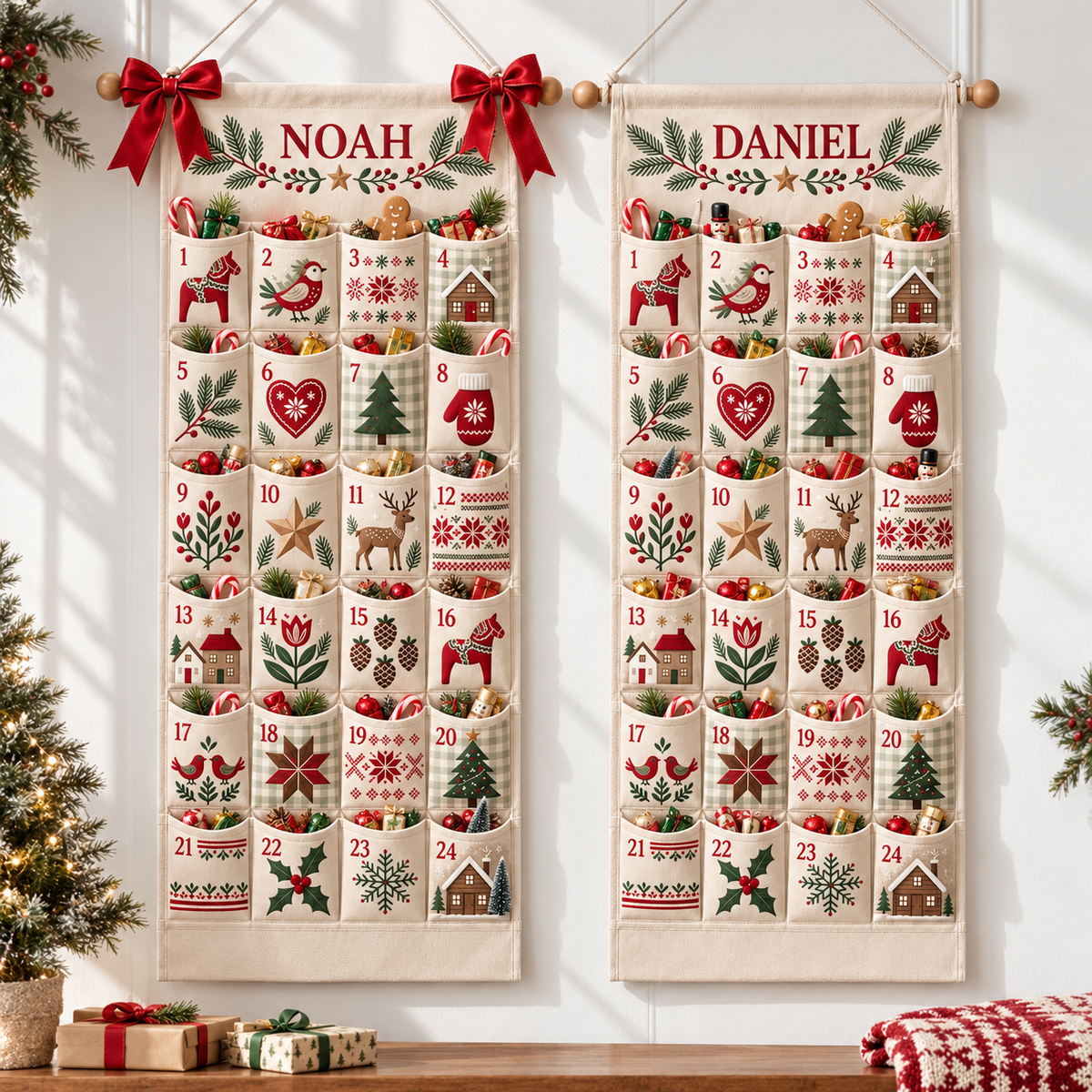 Custom Name Embroid Christmas Advent Calendar Nordic Folk Art Wall Hanging Pocket