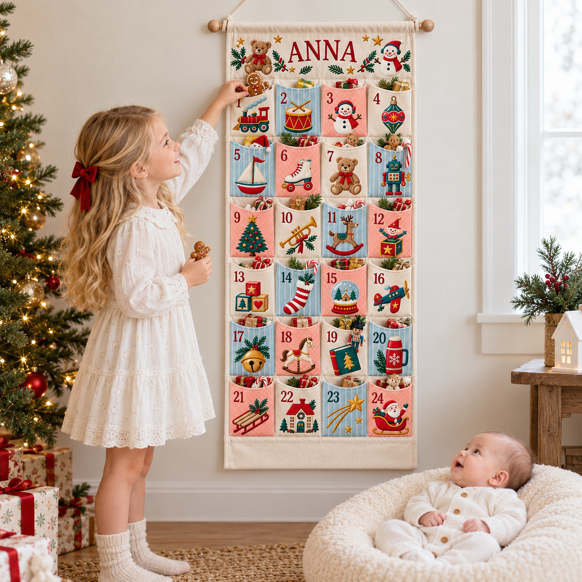 Custom Name Embroid Christmas Advent Calendar Retro Toy Train Wall Hanging Pocket