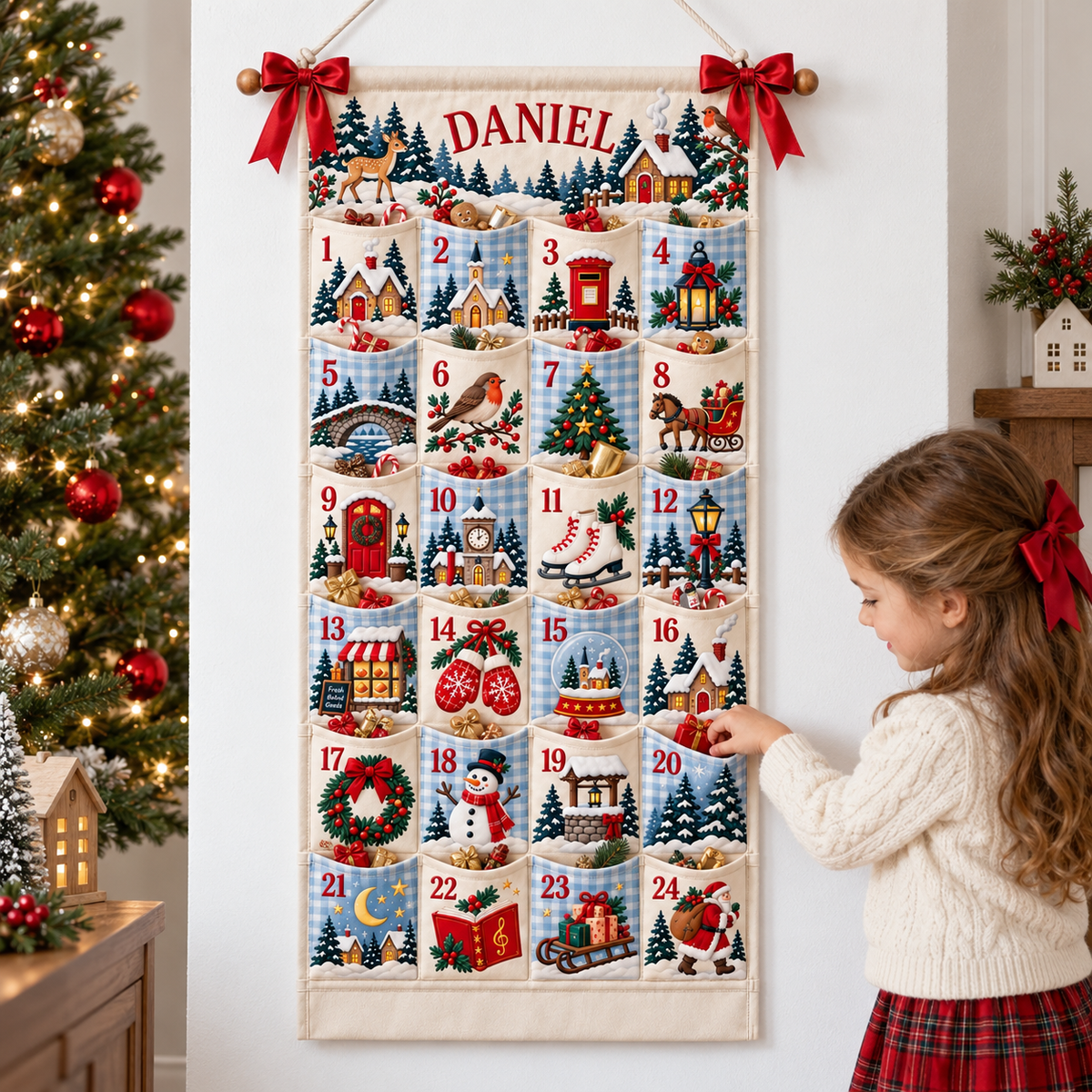 Custom Name Embroid Christmas Advent Calendar Country Village Wall Hanging Pocket