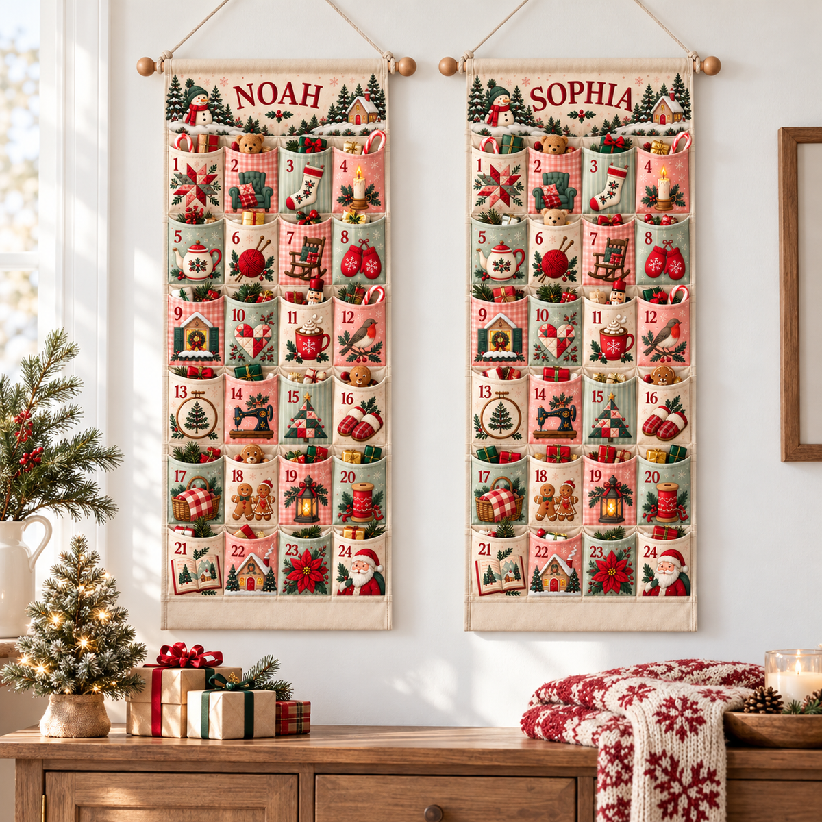 Custom Name Embroid Christmas Advent Calendar Cozy Handcraft Wall Hanging Pocket