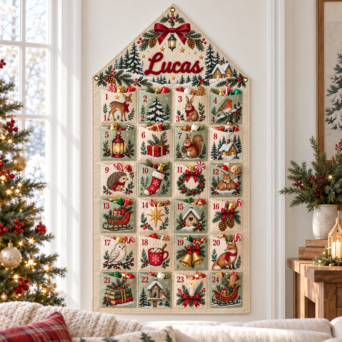 Custom Name Embroid Christmas Advent Calendar Woodland Animal Wall Hanging Pocket