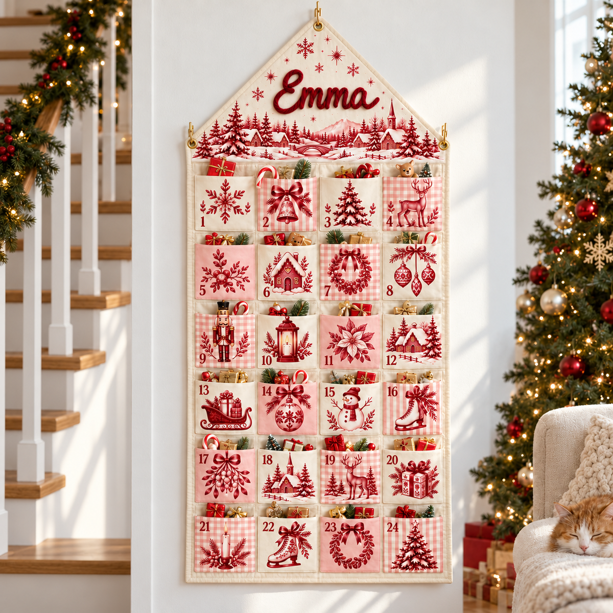 Custom Name Embroid Christmas Advent Calendar Toile De Jouy Vintage Wall Hanging Pocket