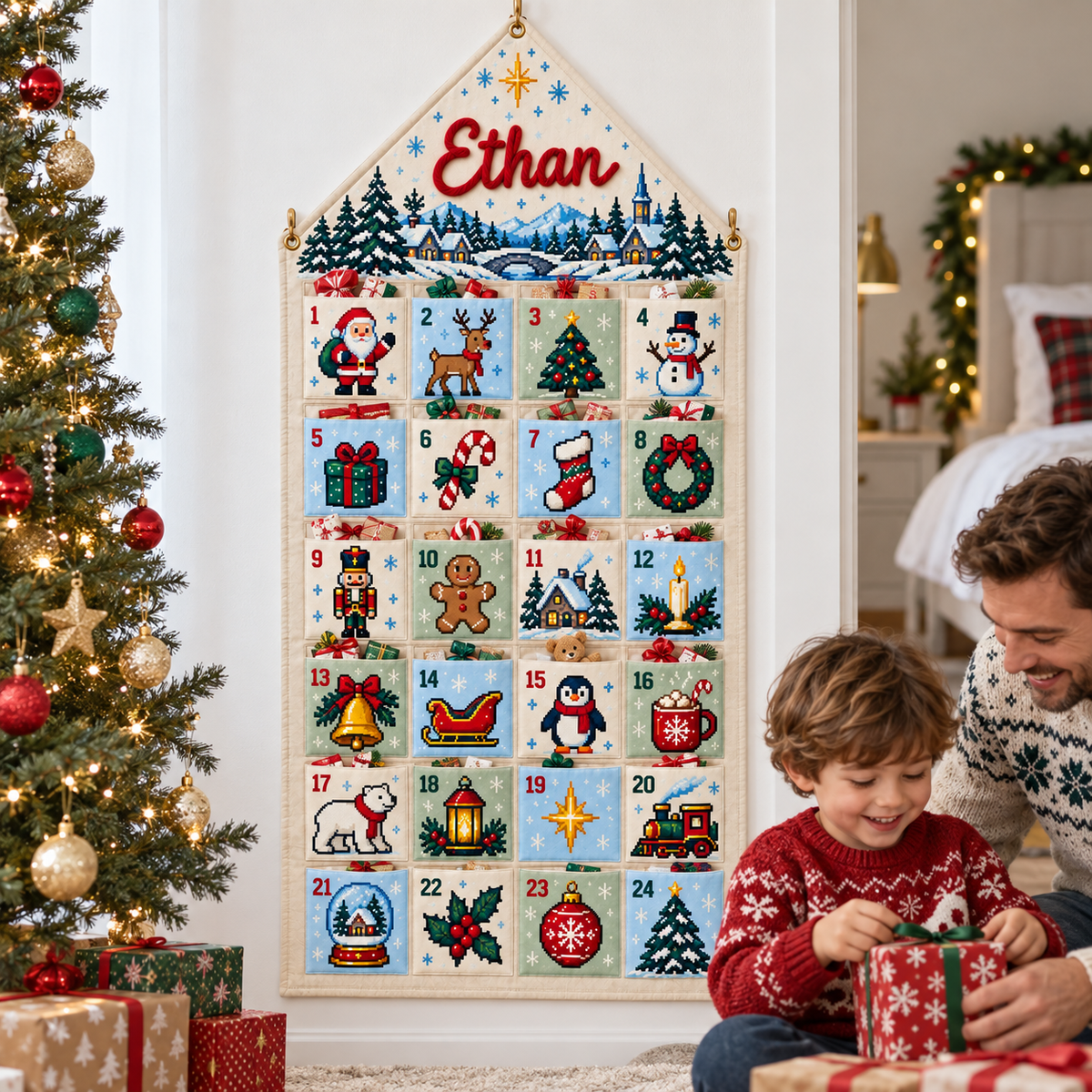 Custom Name Embroid Christmas Advent Calendar Pixel Art Santa Wall Hanging Pocket