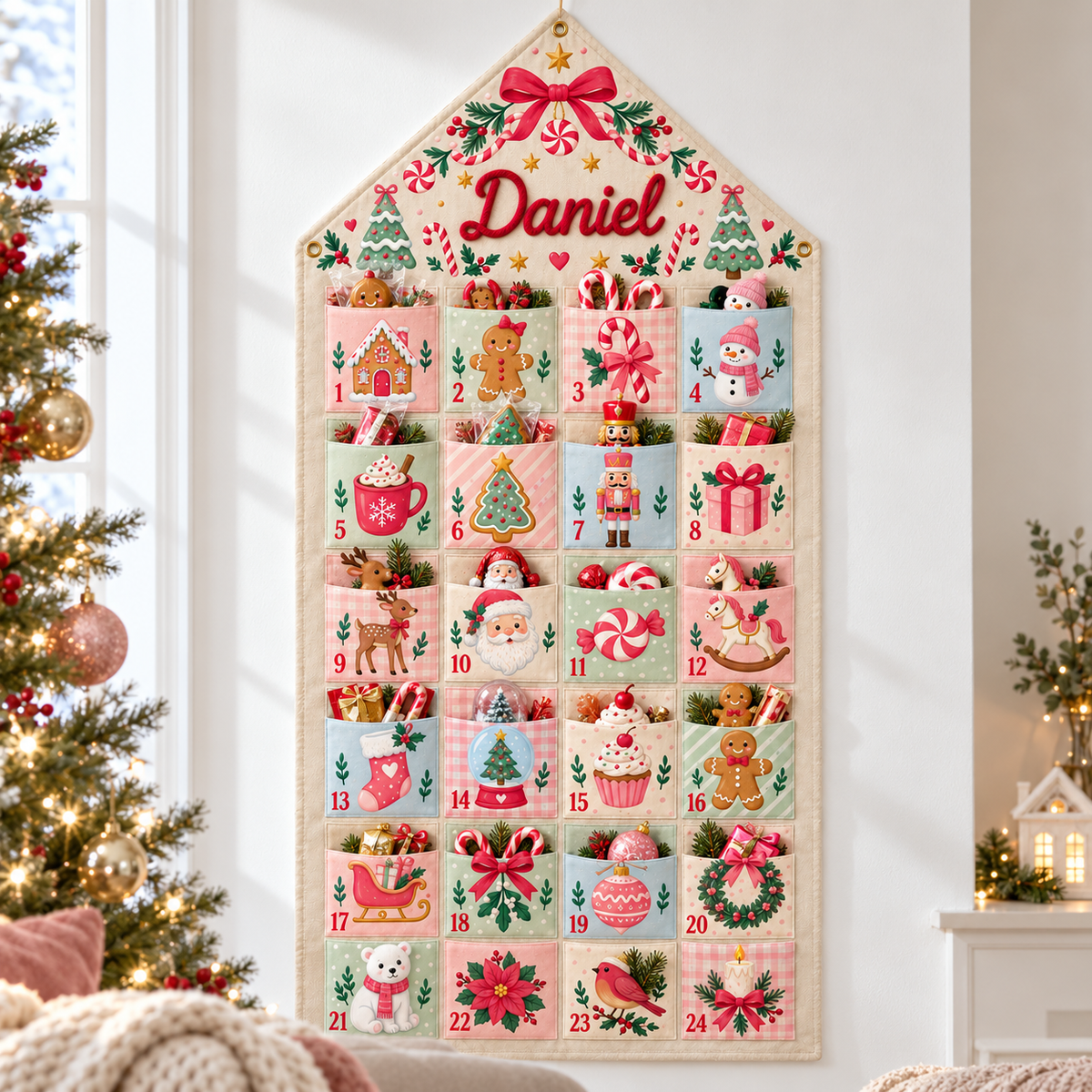 Custom Name Embroid Christmas Advent Calendar Gingerbread Santa Wall Hanging Pocket