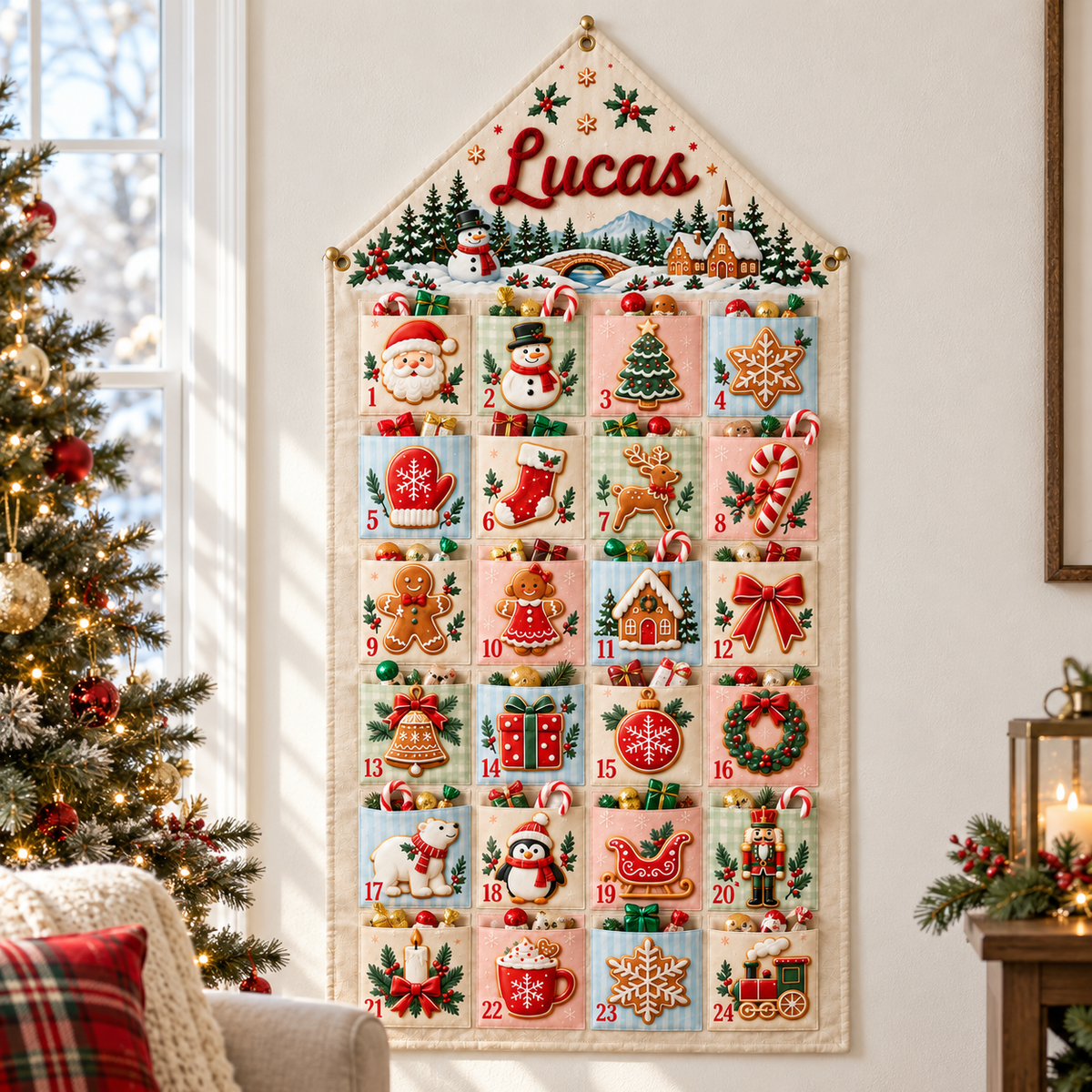 Custom Name Embroid Christmas Advent Calendar Gingerbread Snowman Wall Hanging Pocket