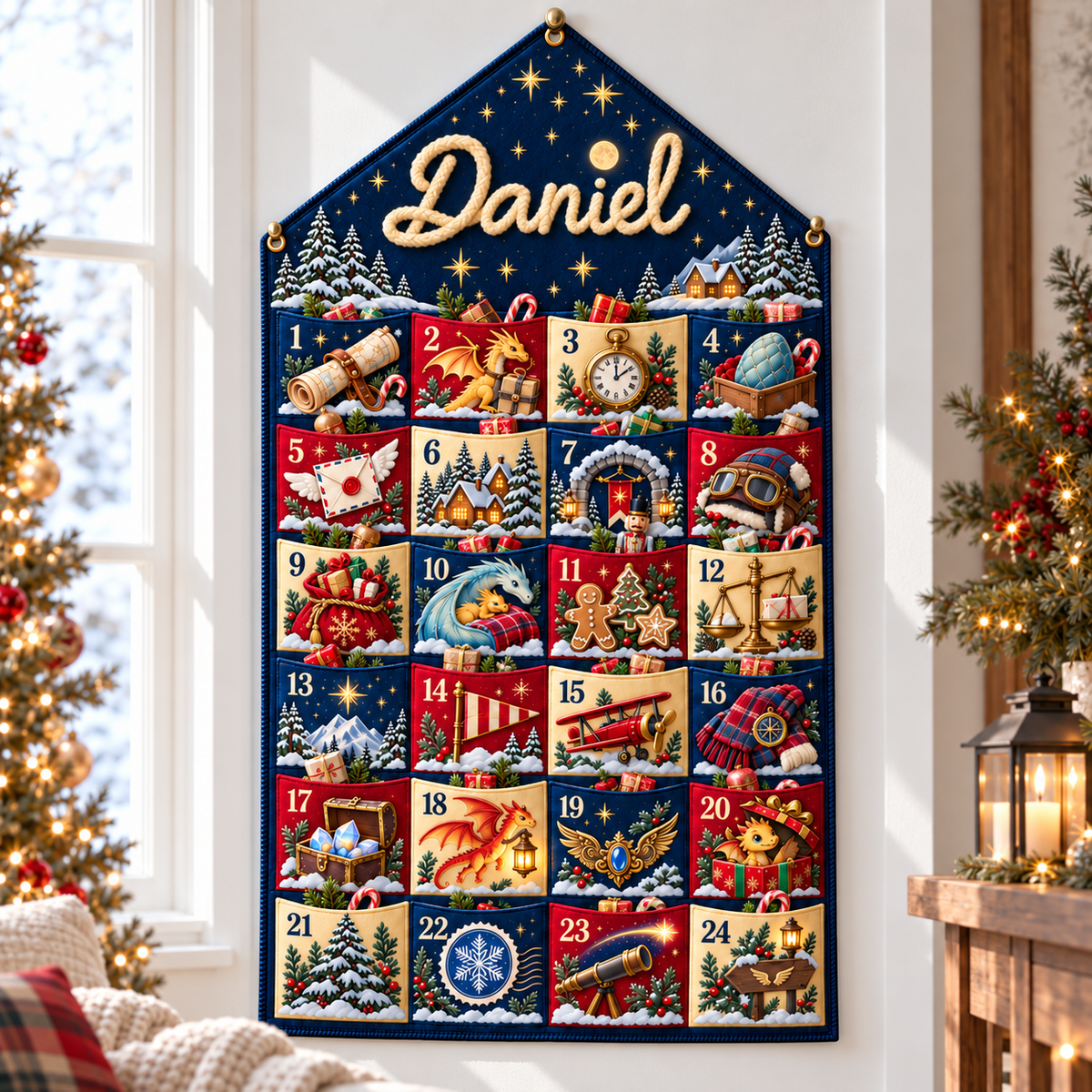 Custom Name Blue Embroid Christmas Advent Calendar Dragon Fantasy Wall Hanging Pocket