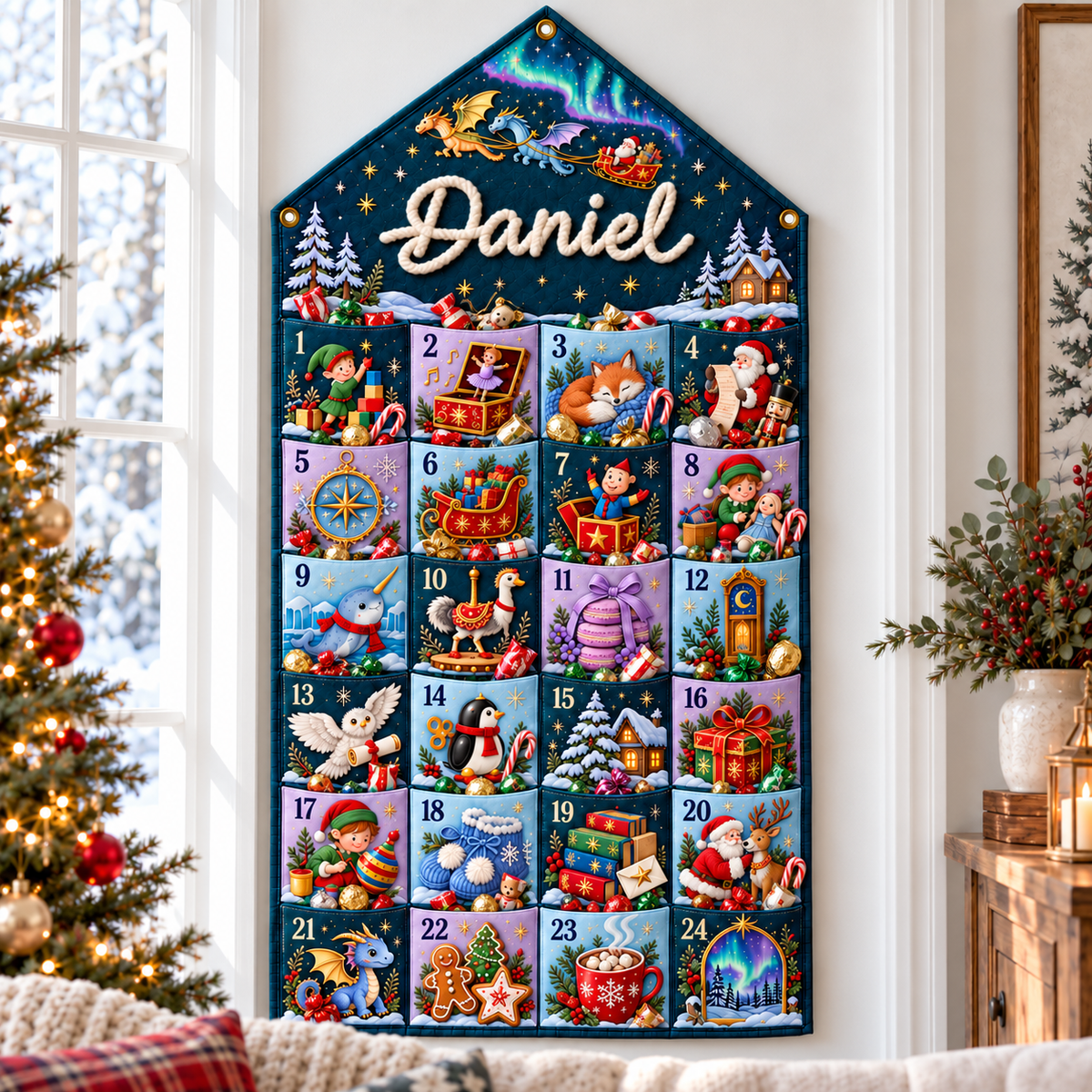 Custom Name Embroid Christmas Advent Calendar Fantasy Dragon Santa Wall Hanging Pocket
