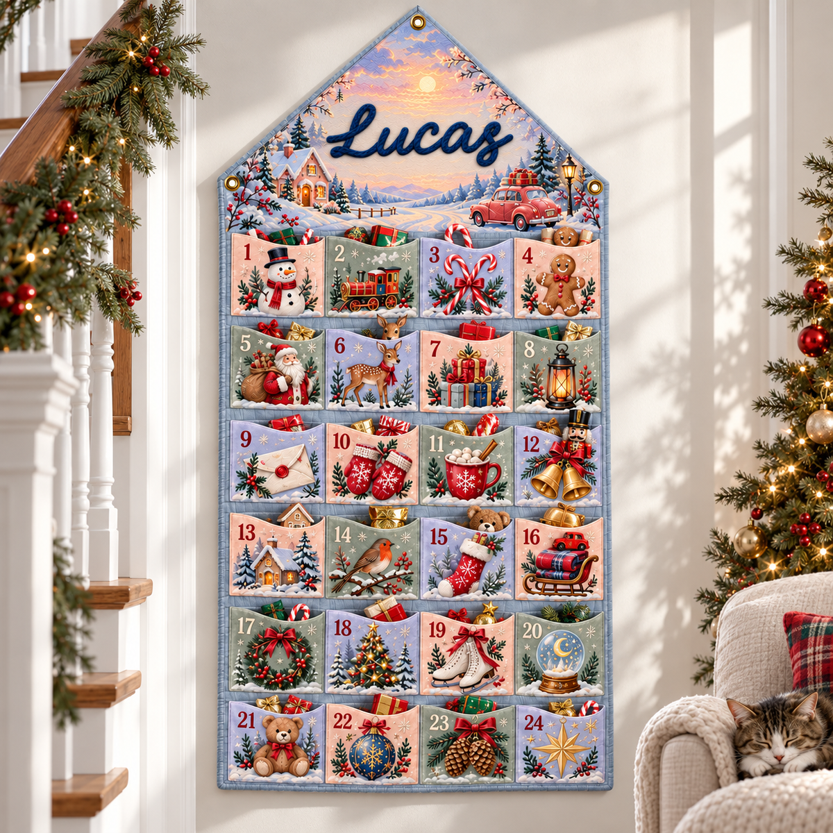 Custom Name Embroid Christmas Advent Calendar Winter Village Snowman Wall Hanging Pocket