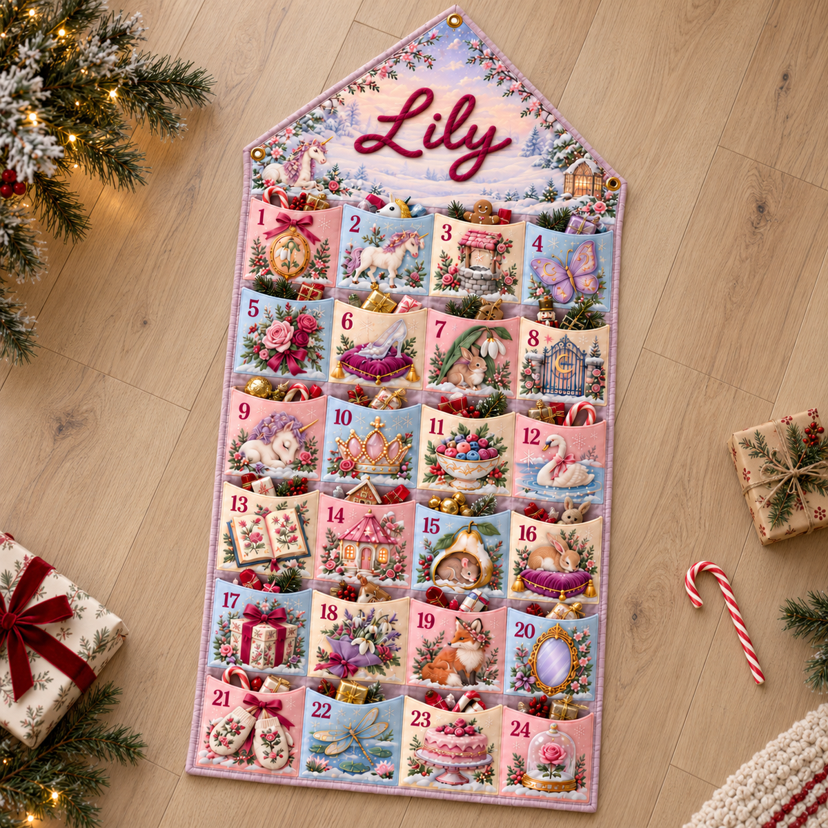 Custom Name Embroid Christmas Advent Calendar Princess Unicorn Wall Hanging Pocket