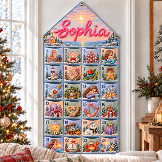 Custom Name Embroid Christmas Advent Calendar Mermaid Coastal Wall Hanging Pocket
