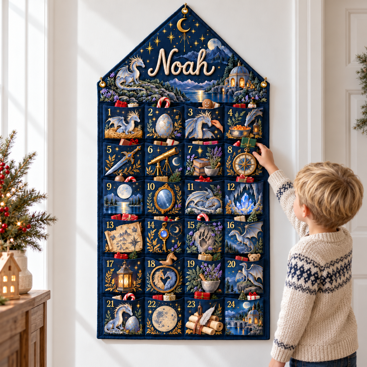 Custom Name Embroid Christmas Advent Calendar Dragon Fantasy Hanging Pocket Tapestry