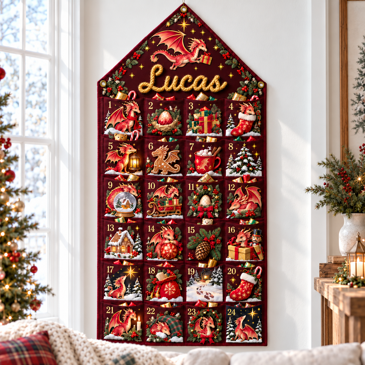 Custom Name Embroid Christmas Advent Calendar Baby Dragon Hanging Pocket Tapestry