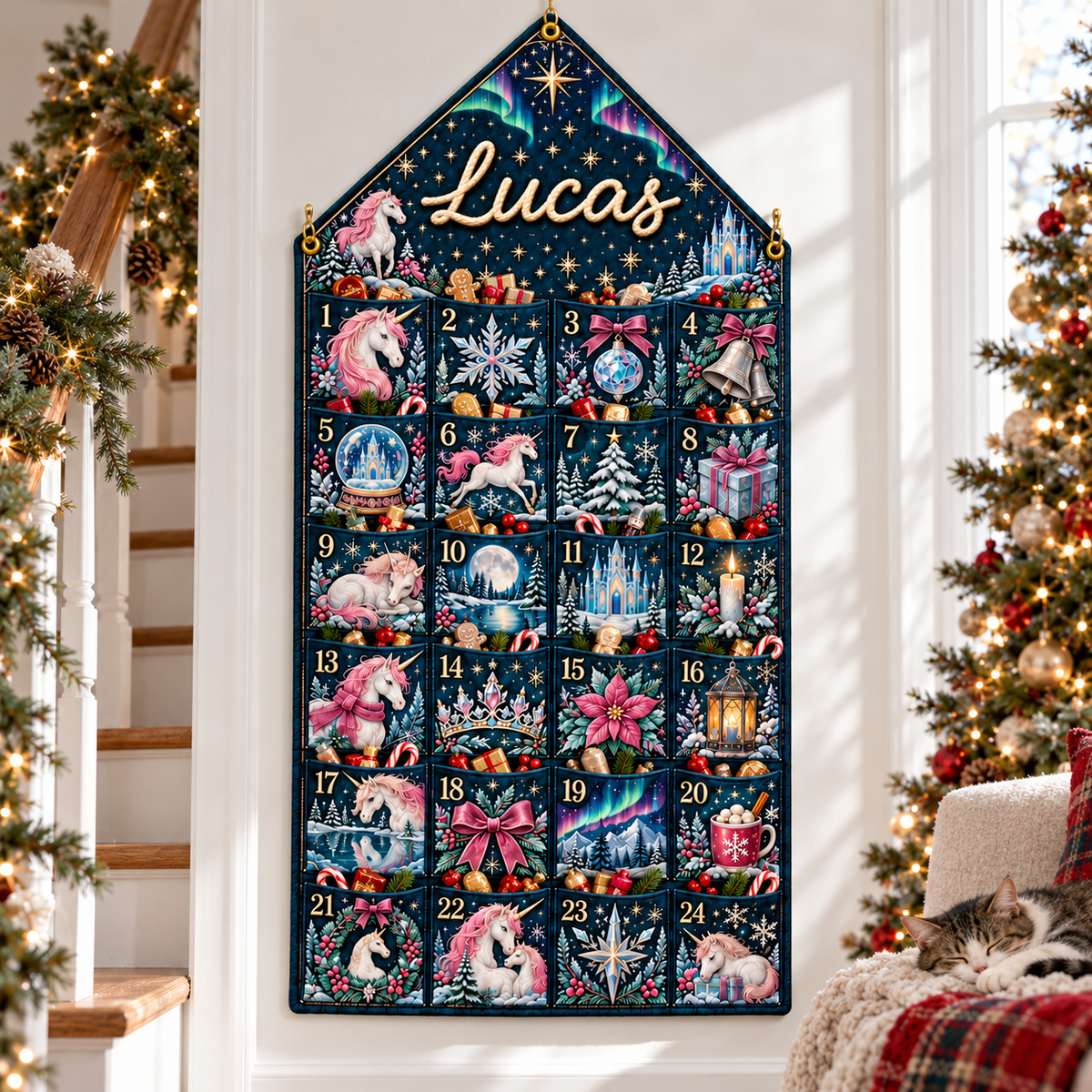 Custom Name Embroid Christmas Advent Calendar Unicorn Magic Hanging Pocket Tapestry