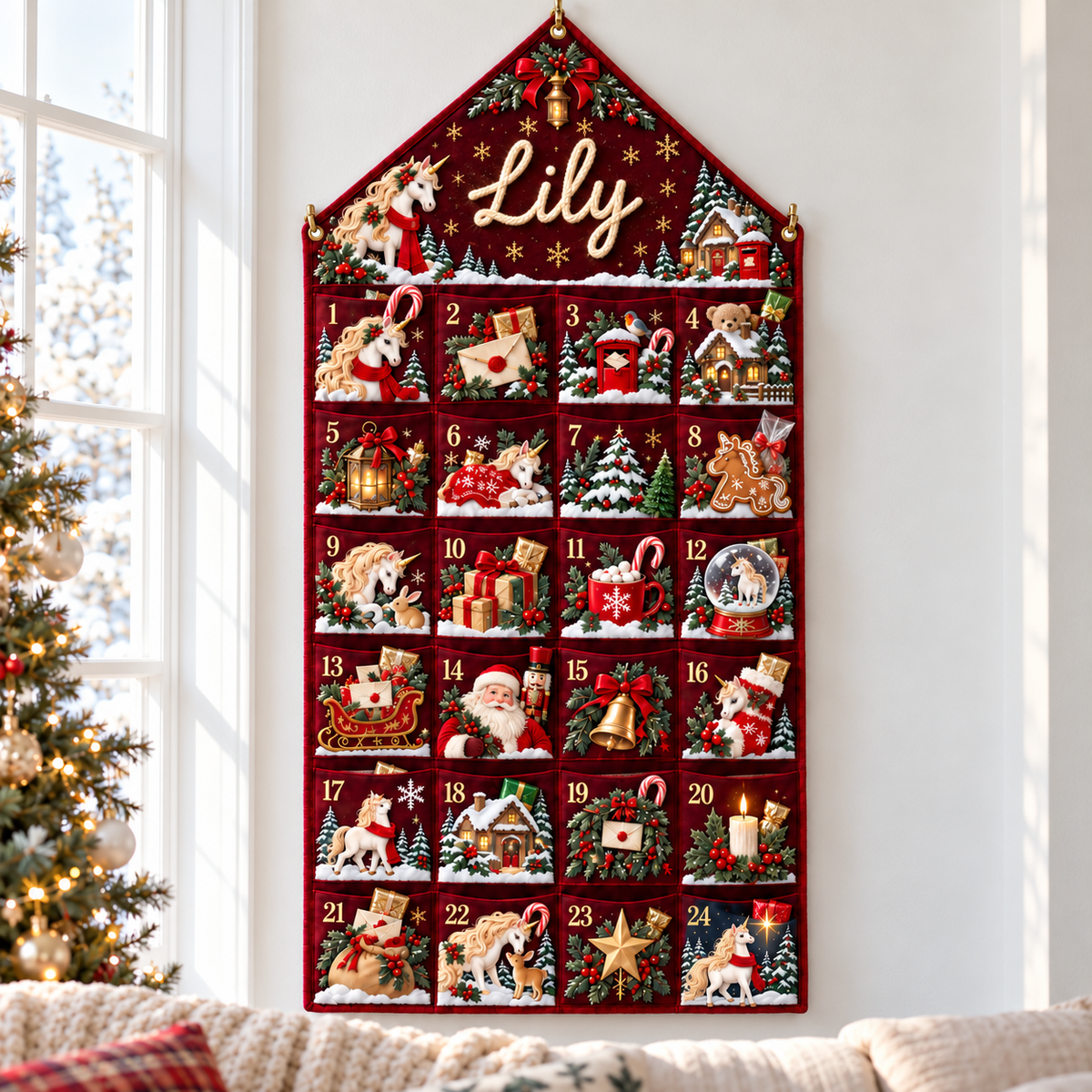 Custom Name Embroid Christmas Advent Calendar Unicorn Festive Wall Hanging Pocket