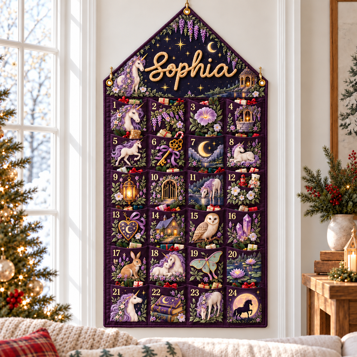 Custom Name Purple Embroid Christmas Advent Calendar Unicorn Wall Hanging Pocket