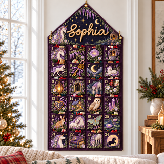 Custom Name Purple Embroid Christmas Advent Calendar Unicorn Wall Hanging Pocket