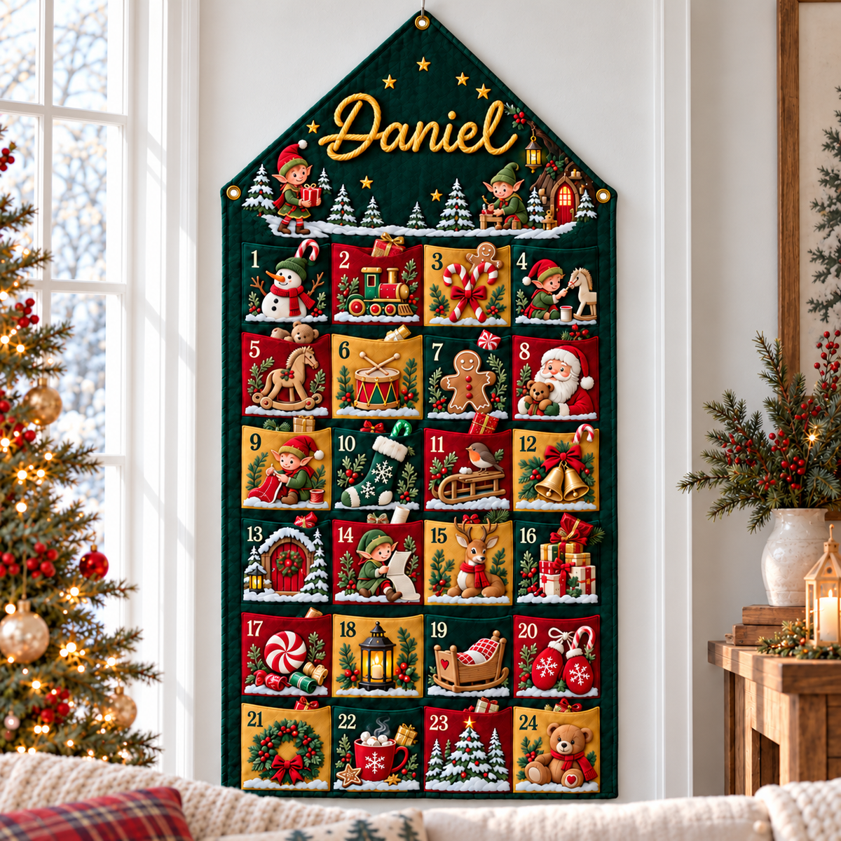 Custom Name Green Embroid Christmas Advent Calendar Elf Santa Wall Hanging Pocket