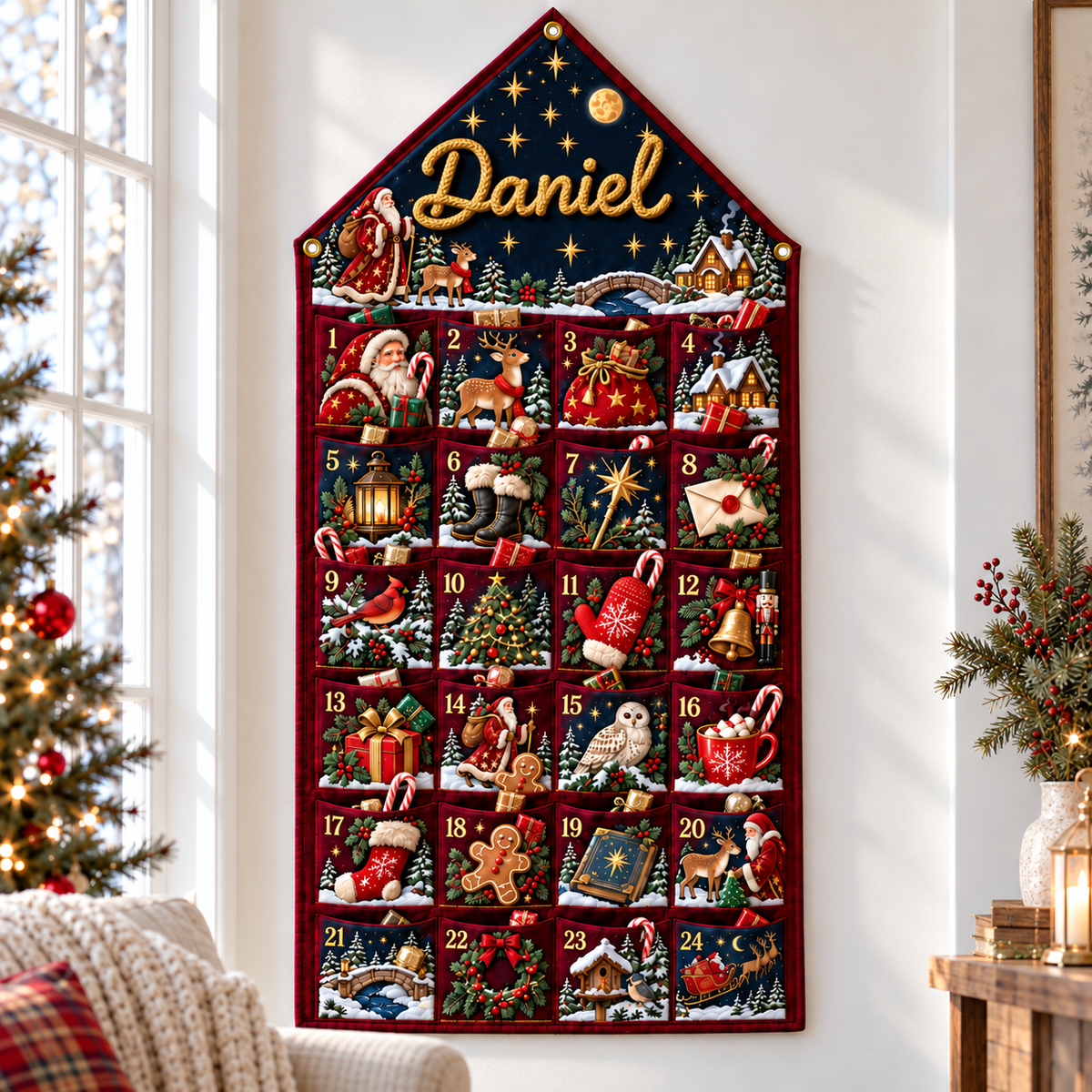 Custom Name Burgundy Embroid Christmas Advent Calendar Santa Reindeer Hanging Pocket