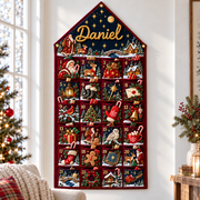 Custom Name Burgundy Embroid Christmas Advent Calendar Santa Reindeer Hanging Pocket