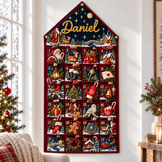 Custom Name Burgundy Embroid Christmas Advent Calendar Santa Reindeer Hanging Pocket
