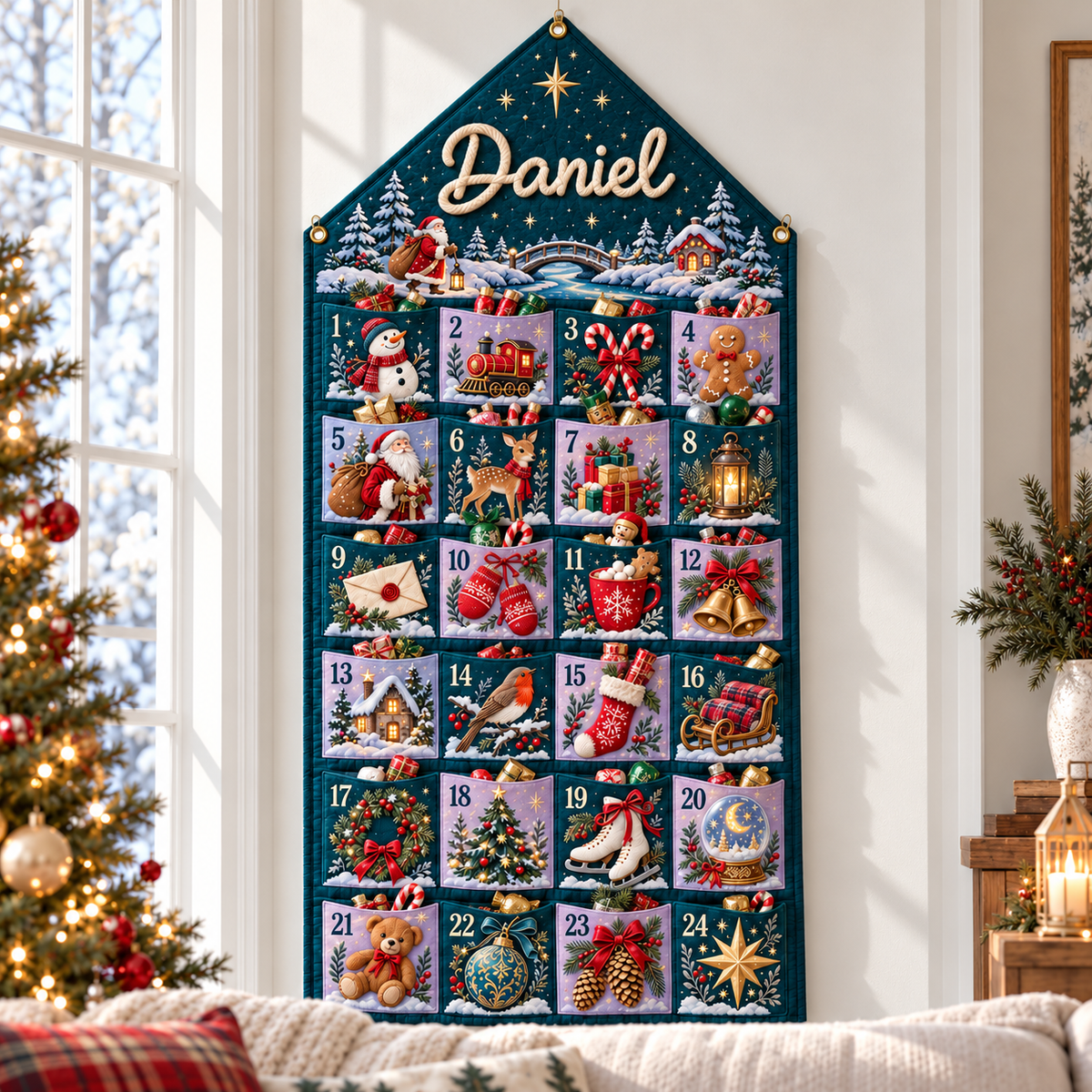 Custom Name Teal Embroid Christmas Advent Calendar Festive Snowman Wall Hanging Pocket