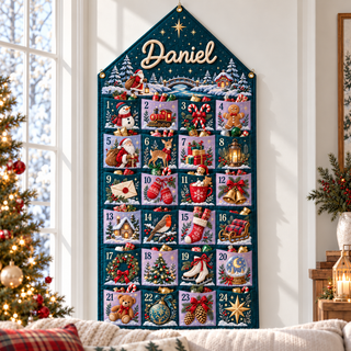 Custom Name Teal Embroid Christmas Advent Calendar Festive Snowman Wall Hanging Pocket