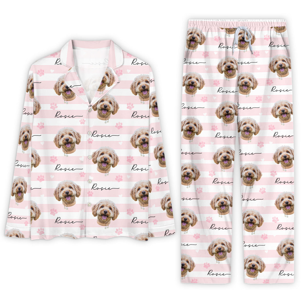 Custom Dog Face Pajamas Set Personalised Photo Name Striped Sleepwear Dog Lover Gift