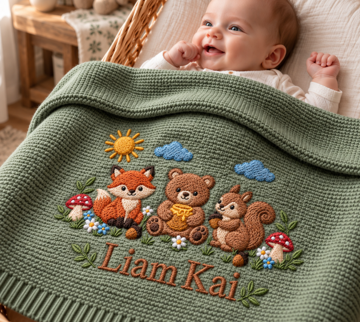 Custom Name Baby Knitted Blanket Woodland Animals Fox Bear Squirrel Swaddle Sheet Throw