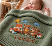 Custom Name Baby Knitted Blanket Woodland Animals Fox Bear Squirrel Swaddle Sheet Throw