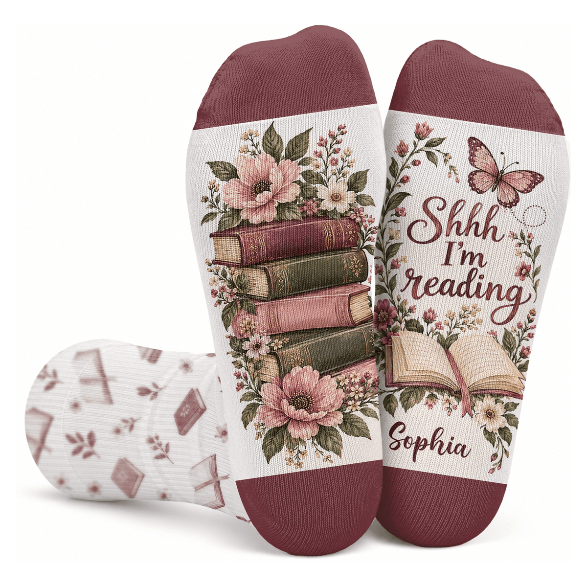 Custom Book Socks with Floral Butterfly, Socks for Women and Men with Style, Christmas Gifts and Book Lovers Gifts for Reading Time, Pallyprints Co.