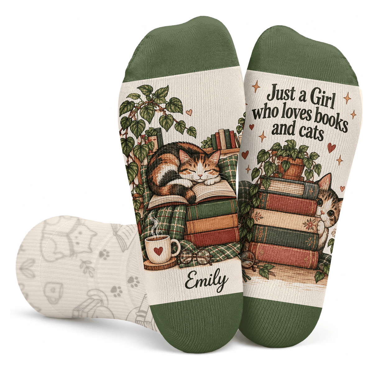 Custom Book Socks with Girl and Cat Reader Art, Socks for Women and Men with Style, Christmas Gifts and Book Lovers Gifts for Reading, Pallyprints Co.