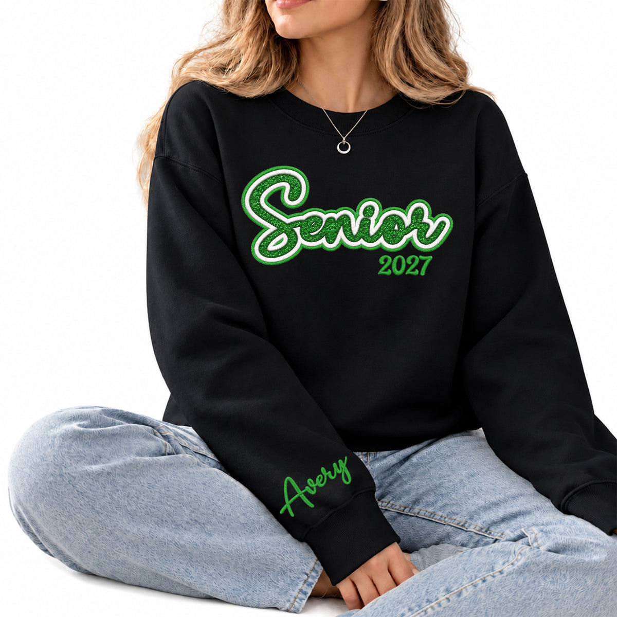 Senior Sweatshirt Custom Name Sleeve Embroidered Glitter Class of Any Year Gift