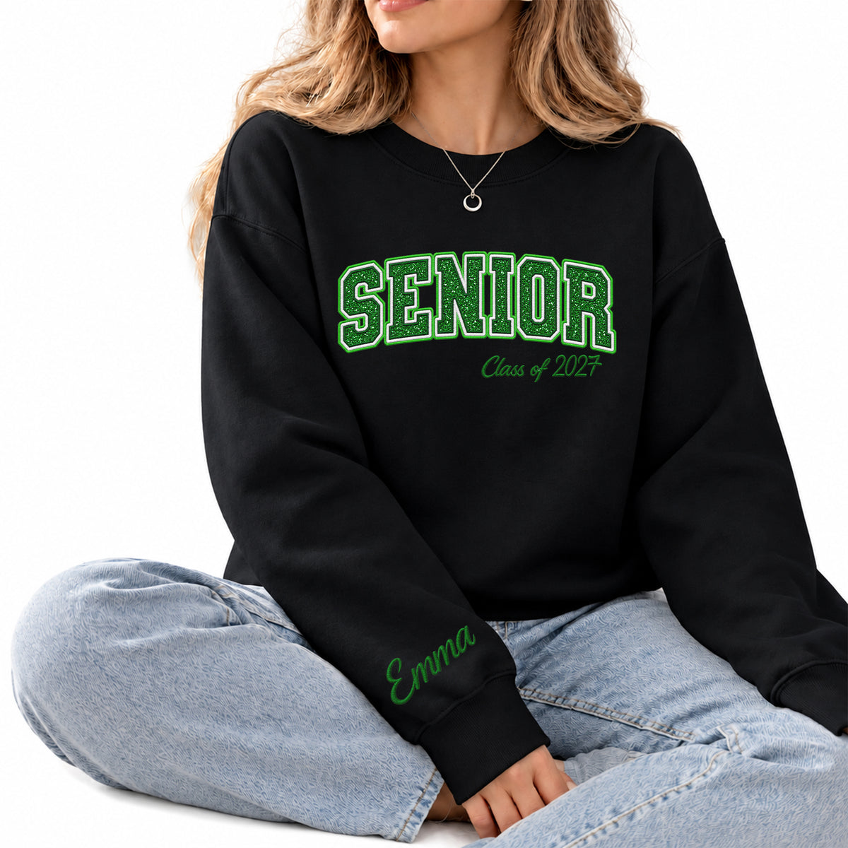 Senior Sweatshirt Glitter Varsity Letter Embroidered Custom Sleeve Name Grad Gift