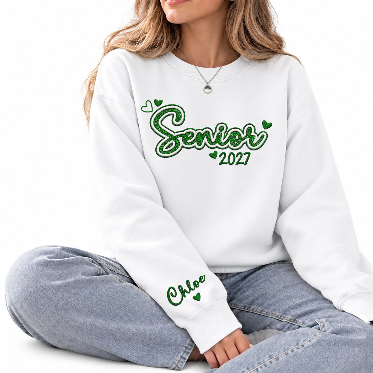 Senior Sweatshirt Custom Name Sleeve Heart Glitter Embroidery Grad Gift Crewneck